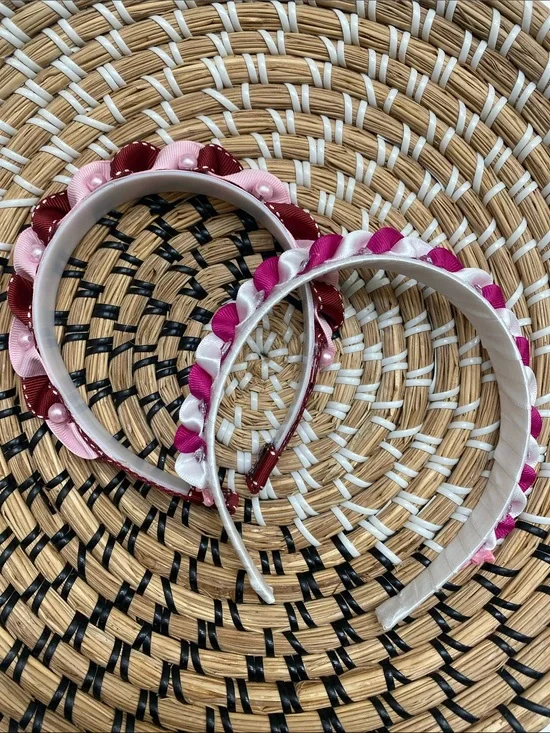 Girls Pink and Burgundy Ribbon Pearl Headband Set