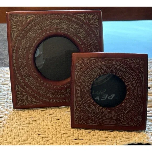 Set Of 2 Carved‎ Mandala Style Square Picture frame ornate raised Circle Glass