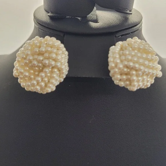 Vintage Faux Pearl Cluster Stud Earrings Gold Tone Beaded Button Bridal Wedding