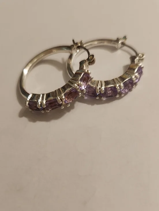 Silvertone Hoop Earrings - Lavender Gemstones