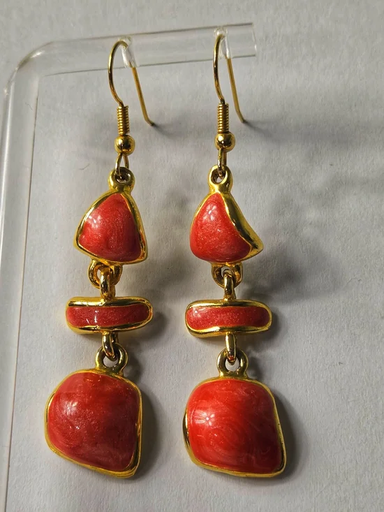Vintage Gold-Tone Orange Enamel Dangle Earrings