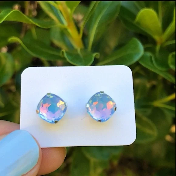 Pastel Periwinkle Aurora Borealis Opal Cushion Cut Crystal Earrings
