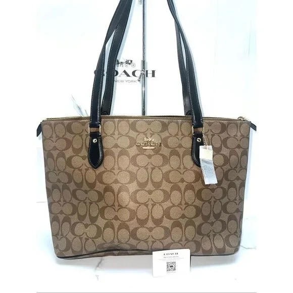 🔥🎁NWT! Coach Sig GALLERY Tote Handbag Khaki/Black Msrp:$378.00