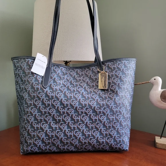Coach CF342 City Tote Navy Blue Monogram Signature Canvas Leather NWT