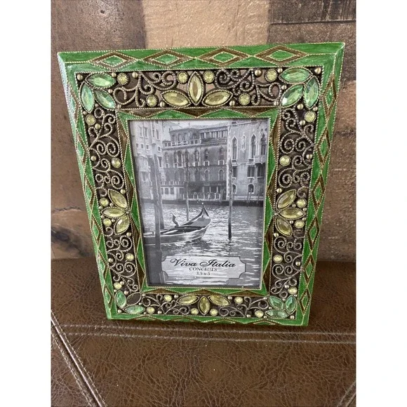 Viva Italia 3.5x5 Picture Frame Green Enamel Bejeweled Venetian‎ Style Vintage
