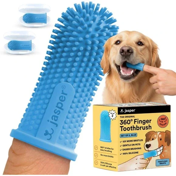 Jasper 360 Degree Finger Toothbrush for‎ Dogs Blue Silicone Set of 2 with Cases