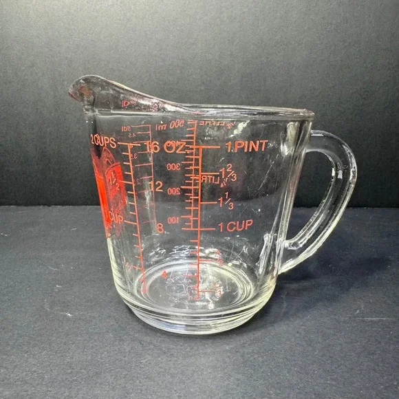 Anchor Hocking Oven Basics Glass Measuring Cup 2 Cup 16 oz Clear Red‎ Letter VTG