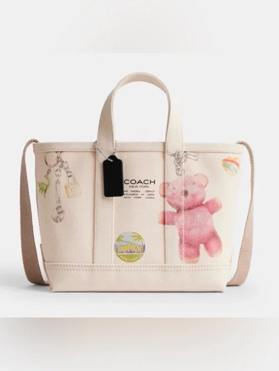 🩷Coach NWT Canvas Utility Tote 27 with Pink Teddy Bear Sketch Print