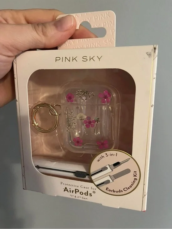 PINK SKY Clear Floral AirPods Case with Gold Keyring - Pink