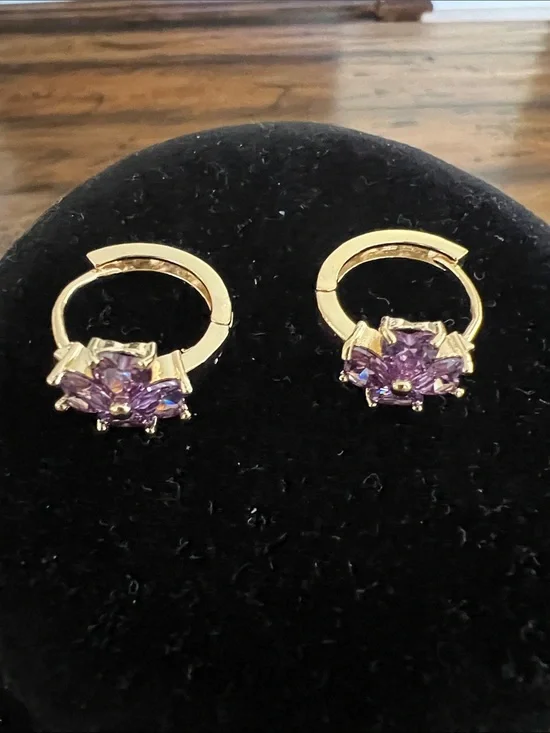 Gold Hoop Earrings with Purple Flower Crystals - Women Jewelry