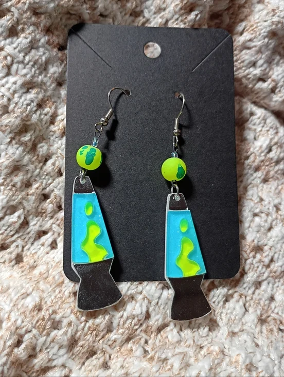 Neon Yellow Blue Glitter Lava Lamp Glow Blacklight Earrings Mirror Acrylic Retro