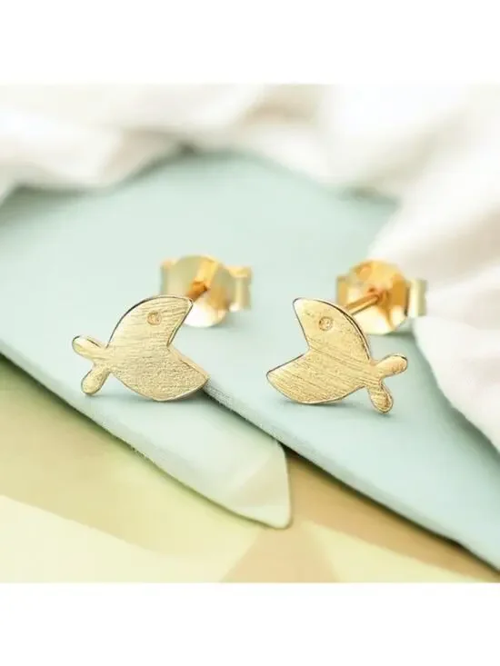 NEW 925 sterling silver and 18K gold brushed fish stud earrings jewelry B20B