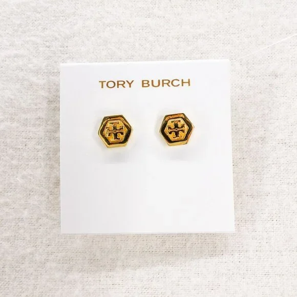 Tory Burch Hex-Logo Stud Earrings Gold OS