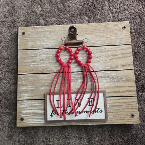 Red Beaded Hoop Earrings with Fringe Western Boho Festival Rodeo Cowgirl