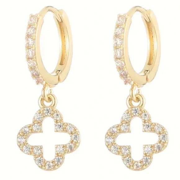 NEW SHINY 14k Gold Diamond Bright Lucky Clover Drop & Dangle Luxury Earrings