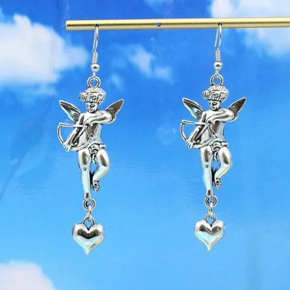 Pair of cupid, dangle drop earrings, heart, love, arrow, silver