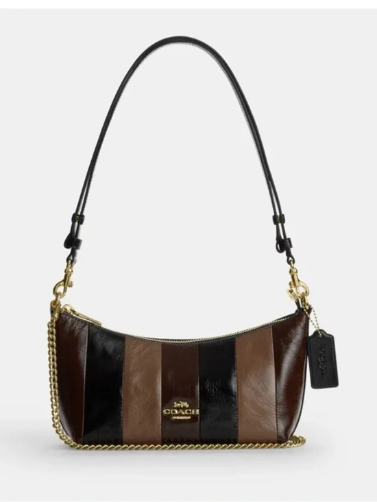 🖤🤎Coach NEW Caitlin Stripe-Crinkle Cut Leather Bag in Brown/Black Gold Hardware