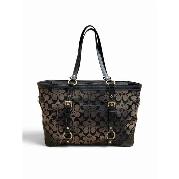VTG Coach Signature Gallery Tote Shoulder Bag Brown Black Jacquard Leather Trim