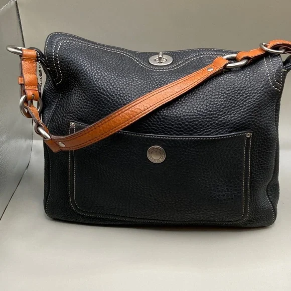 Coach Pebbled Black Leather with Brown Strap Stylish Classy Coach