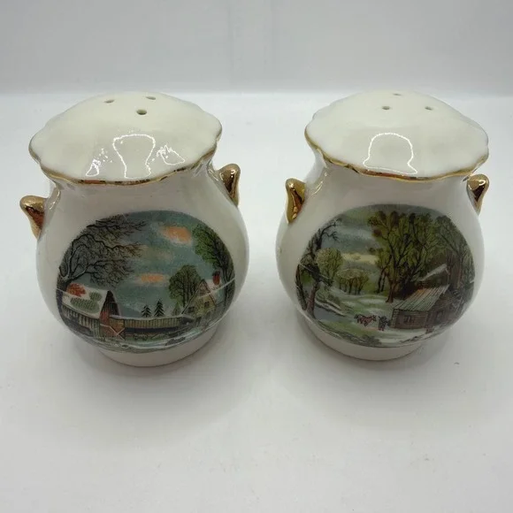 Vintage Enesco Homestead Salt and Pepper Shakers Winter Scenes Gold Trim Set