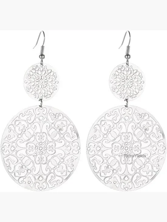Boho Filigree Geometric Dangle Drop Earrings for Women, Double Round Disc