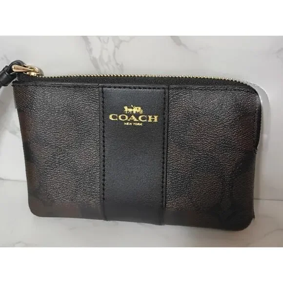 COACH Brown Monogram & Black Leather Trim Wristlet - EUC