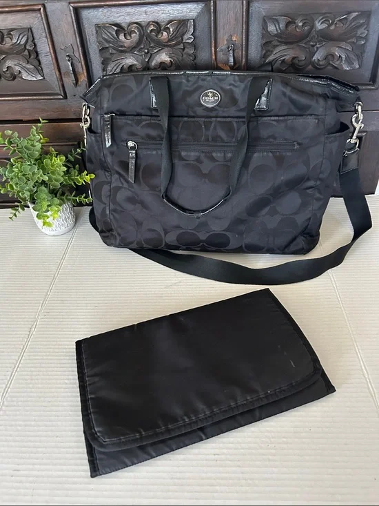 Coach Black Signature Nylon Messenger Bag with Changing Pad