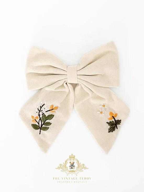 NWT Lovely Girls Embroidered Floral Hair Bow Clip-On Kids Hair Accessory Cream