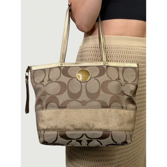 Coach Signature Stripe Tote Khaki Brown Metallic Gold Leather F15112 Medium Bag