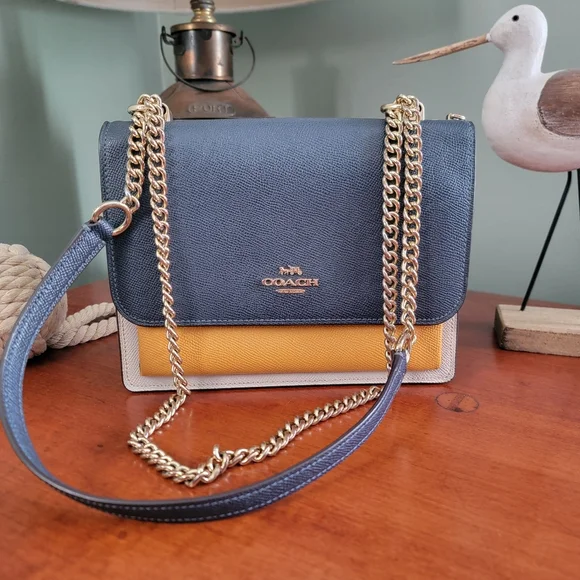 Coach C2860 Klare Colorblock Chain Crossbody Navy Yellow Chalk Leather Bag