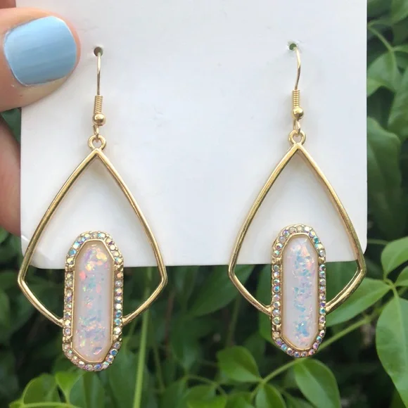 Opal + Aurora Borealis Crystal Halo Boho Gold Geometric Dangle Earrings
