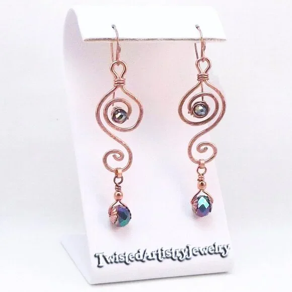 Hammered Copper Double Swirls with Rainbow Crystals Earrings
