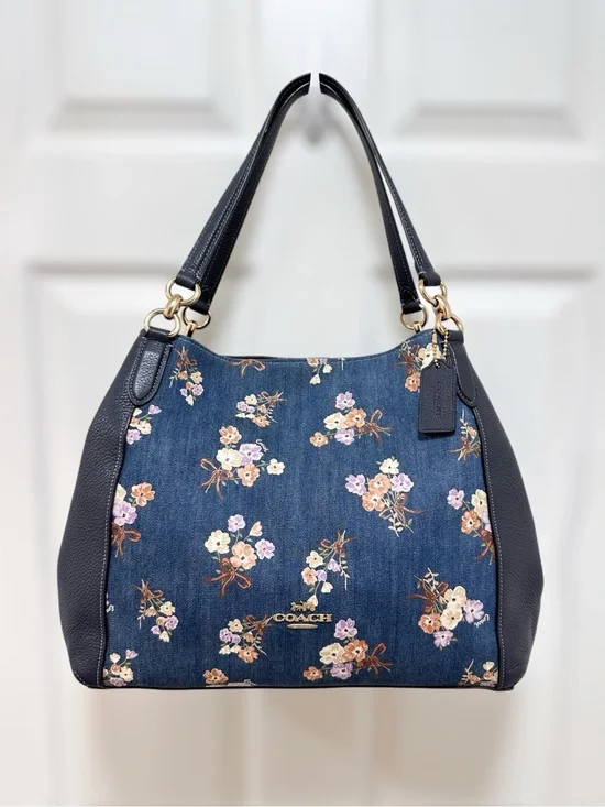 Coach Hallie Shoulder Bag Denim Floral Bouquet Print Navy Leather