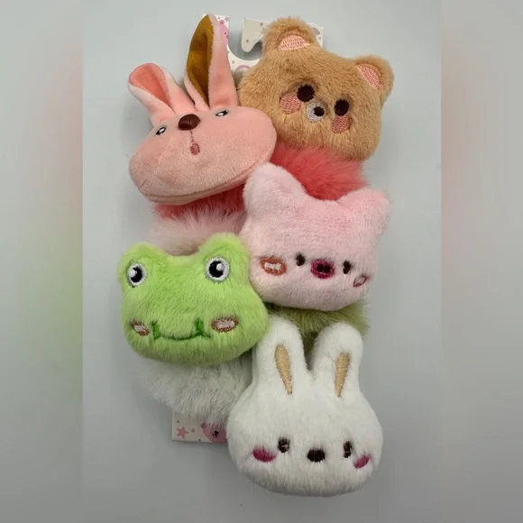 New Set of 5 Plush Decorative Animal Hair Scrunchies Bear Bunny Frog Pig Cat