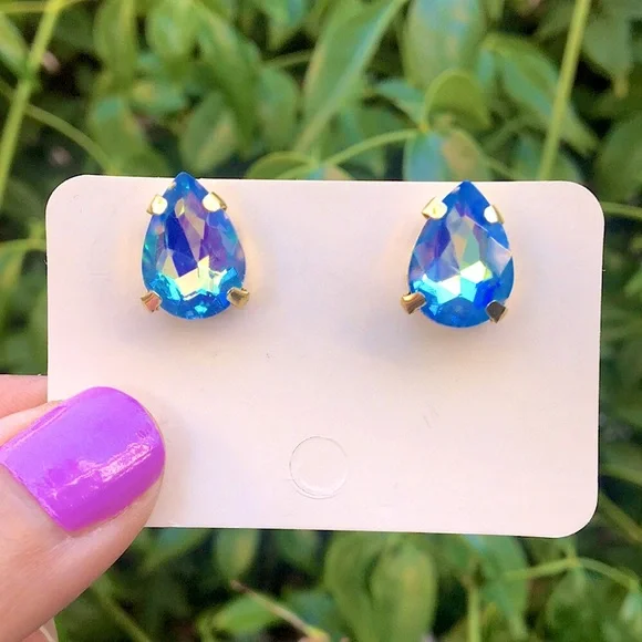 Light Sapphire Aurora Borealis + Gold Pear Crystal Earrings