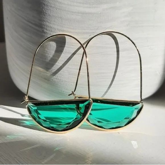 Crescent Gold and Green Glass Hoop Earrings