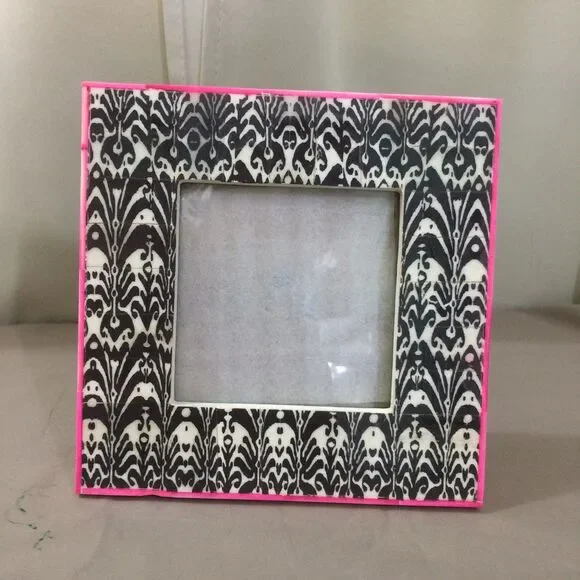 Two's Company Black White Ikat Bone Tile Pink Picture Frame 4x4 India