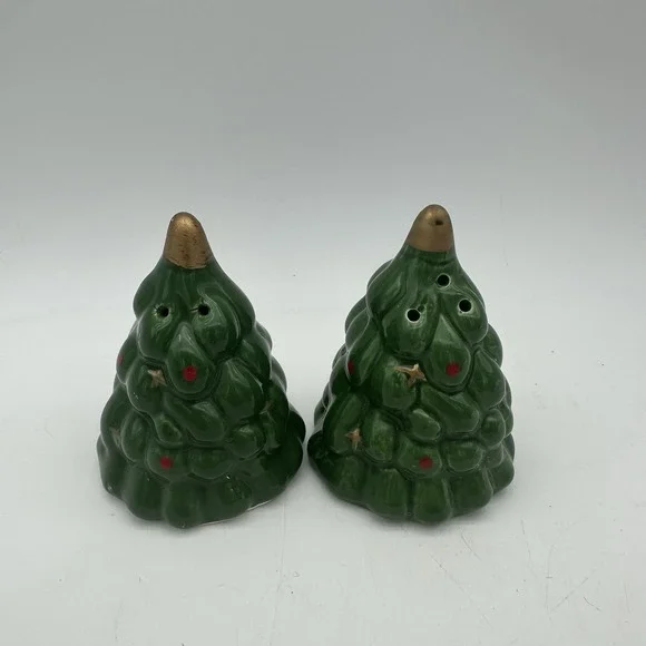 Vintage Christmas‎ Tree Green And Gold Salt and Pepper Shakers 3