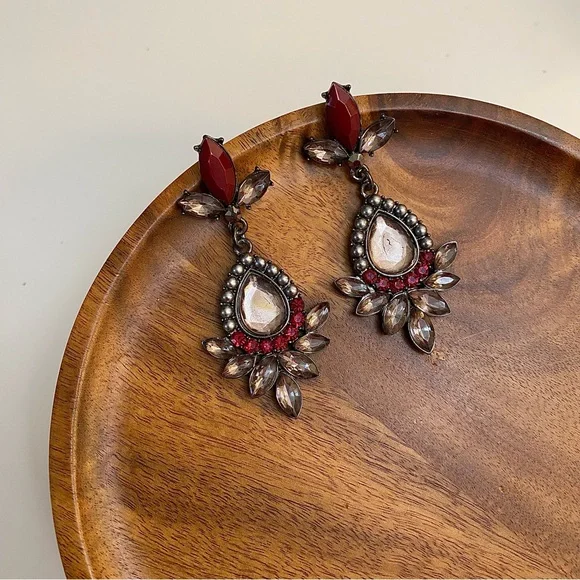 3/$20 Elegant Red Grey Jeweled Drop Earrings
