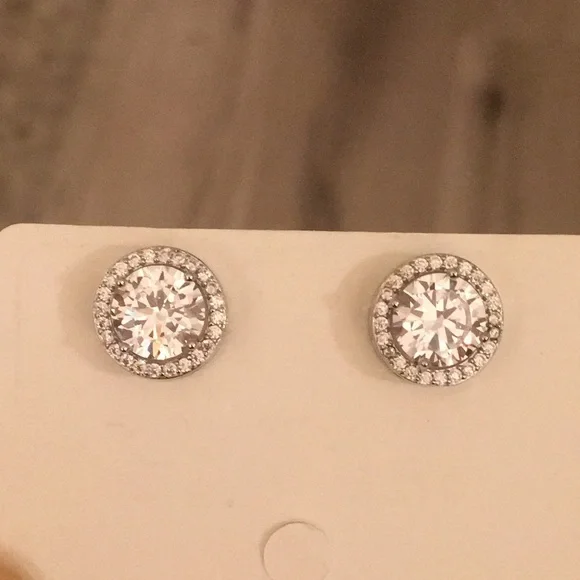 Cubic Zirconia Crystal Halo Silver Stud Earrings