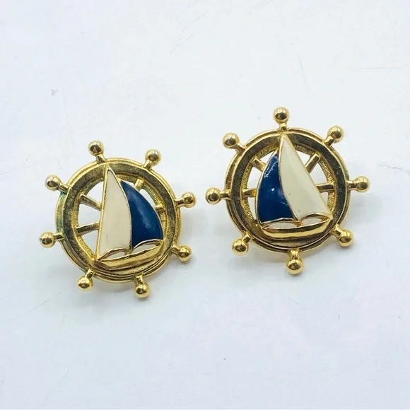 Avon Nautical Earrings Enamel Sailboat Ships Wheel Pierced Gold Tone Vin…