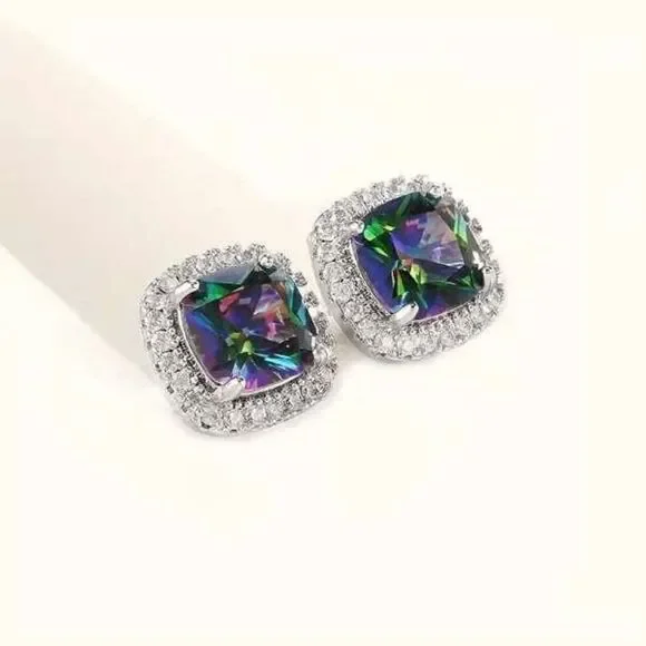 MULTICOLORED TOPAZ DIAMOND WHITE GOLD STUD EARRINGS ENCASED WITH DIAMONDS