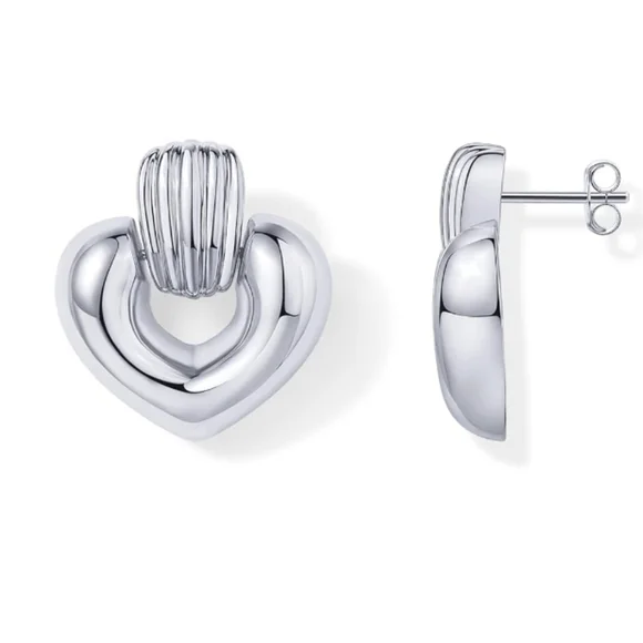 14K Gold Plated Chunky Dangle Heart Earrings In White Gold