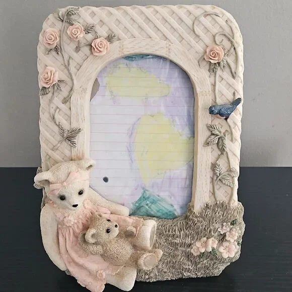 Vintage  Ceramic Photo Frame With Little Girl Bear