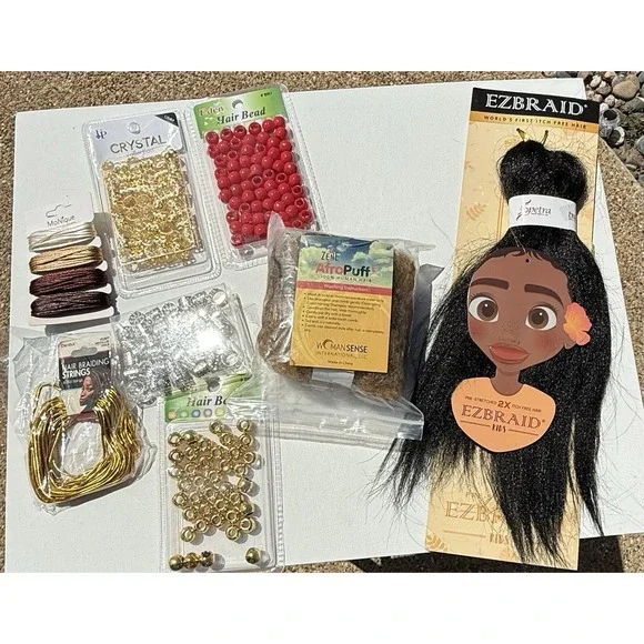 Hair Braiding Lot: EZBraid‎ Kids Afro Puff Beads Cuffs Strings Extension Bundle