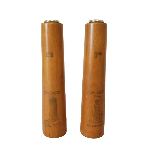 Vintage Chicago Mid Century Atomic Wood Salt & Pepper Shaker First Bank Hancock