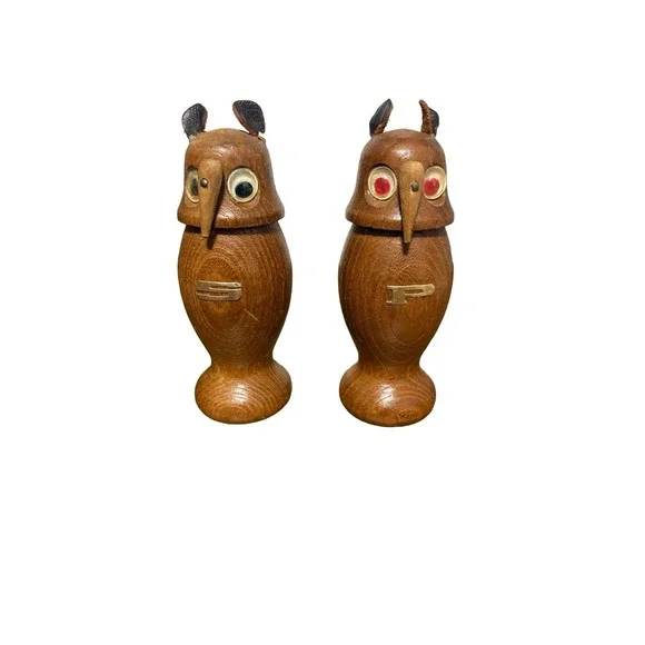 Vintage Wooden Owl Salt & Pepper Shakers 1960s Glass Eyes & Felt Ears Japan MCM