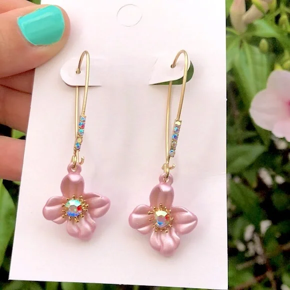 Iridescent Pastel Pink + Aurora Borealis Gold Flower Drop Earrings