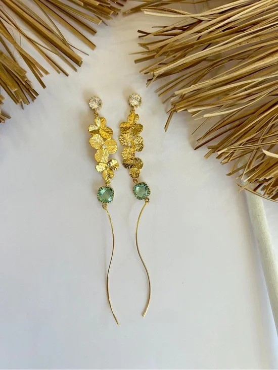 Gold Floral Drop Earrings with Green Crystal Accents - Women Jewelry