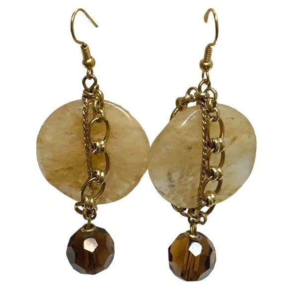 Statement Earrings Brown Beige Goldtone Link Chain Detail
